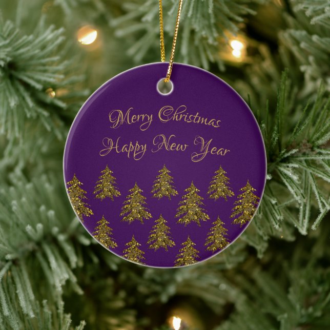 Sparkly gold Christmas tree on purple Christmas Ceramic Ornament (Tree)