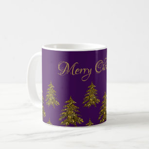 Sparkly gold Christmas tree on purple Christmas Coffee Mug