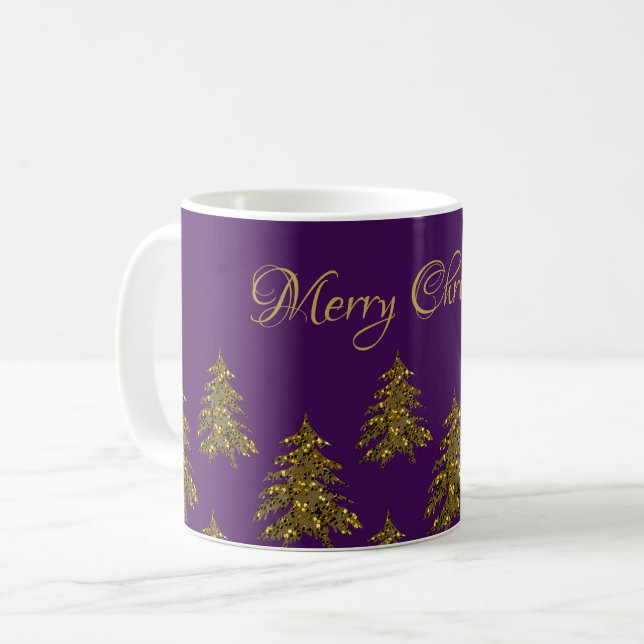 Sparkly gold Christmas tree on purple Christmas Coffee Mug (Front Left)