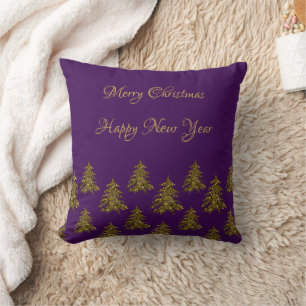 Sparkly gold Christmas tree on purple Christmas Cushion