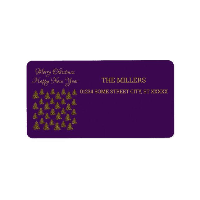 Sparkly gold Christmas tree on purple Christmas Label (Front)