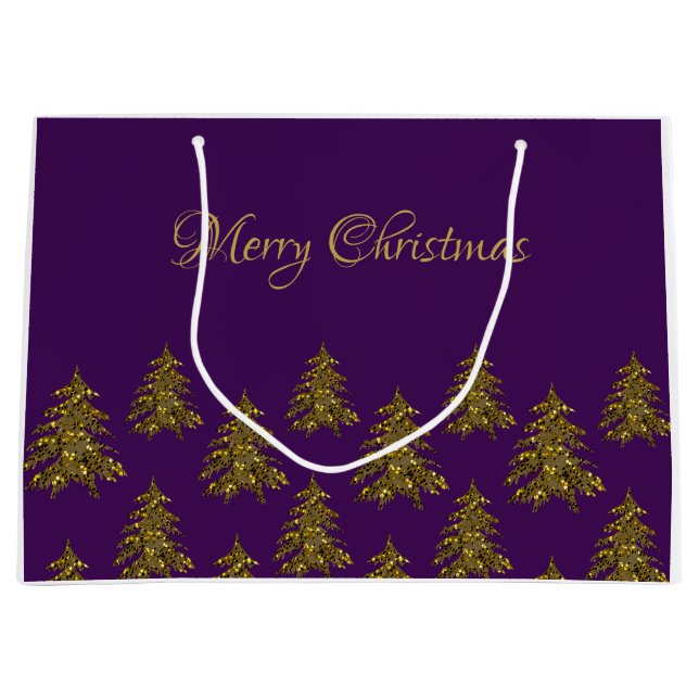Sparkly gold Christmas tree on purple Christmas Large Gift Bag (Front)