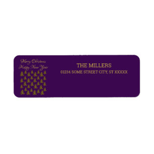 Sparkly gold Christmas tree on purple Christmas Return Address Label