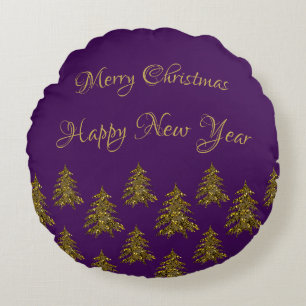 Sparkly gold Christmas tree on purple Christmas Round Cushion