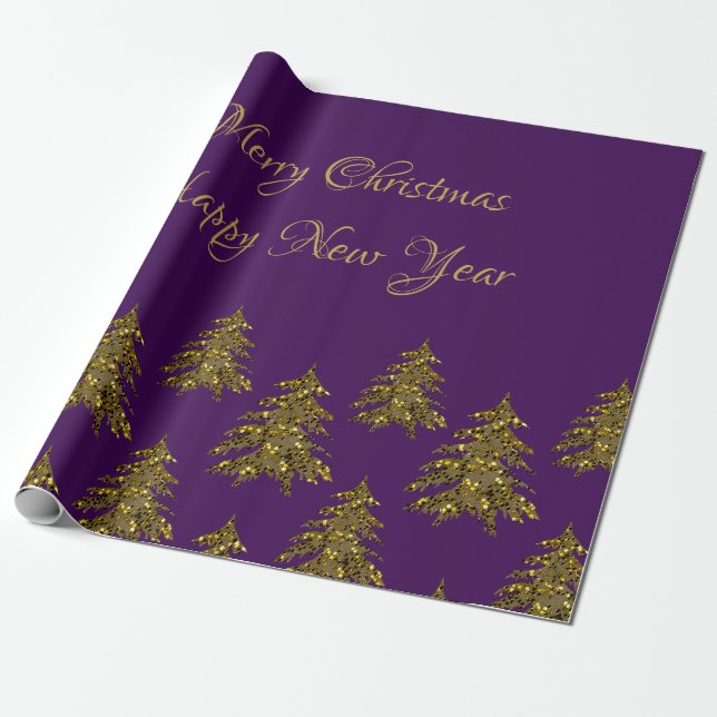 Sparkly gold Christmas tree on purple Christmas Wrapping Paper (Unrolled)