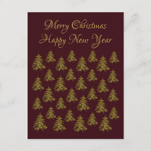 Sparkly gold Christmas tree on red Christmas Holiday Postcard (Front)