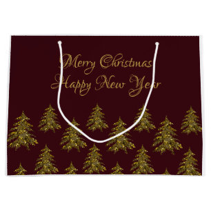 Sparkly gold Christmas tree on red Christmas Large Gift Bag