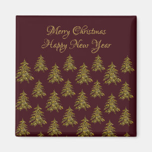 Sparkly gold Christmas tree on red Christmas Magnet