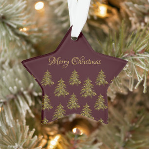 Sparkly gold Christmas tree on red Christmas Ornament