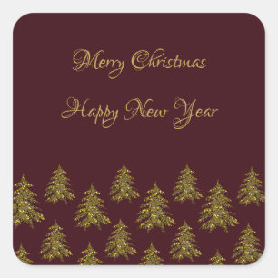 Sparkly gold Christmas tree on red Christmas Square Sticker