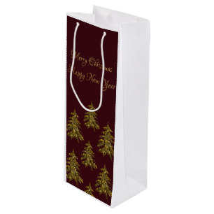 Sparkly gold Christmas tree on red Christmas Wine Gift Bag