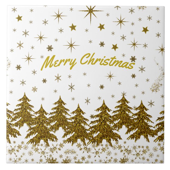 Sparkly Gold Christmas tree, stars, snow Ceramic Tile (Front)