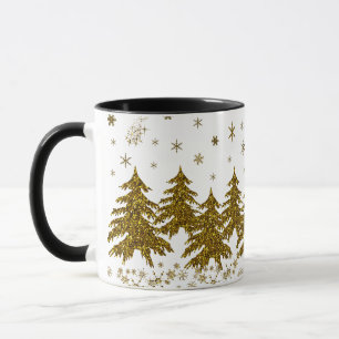 Sparkly Gold Christmas tree, stars, snow Mug