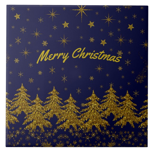 Sparkly Gold Christmas tree, stars, snow on blue   Ceramic Tile (Front)