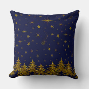Sparkly Gold Christmas tree, stars, snow on blue Cushion