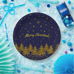 Sparkly Gold Christmas tree, stars, snow on blue Paper Plate