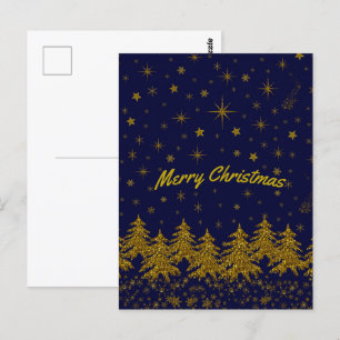 Sparkly Gold Christmas tree, stars, snow on blue  Postcard