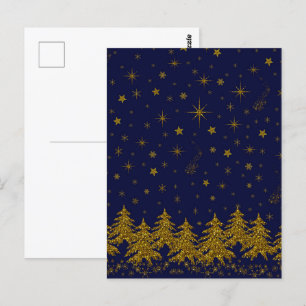 Sparkly Gold Christmas tree, stars, snow on blue Postcard