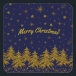 Sparkly Gold Christmas tree, stars, snow on blue   Square Sticker<br><div class="desc">Golden sparkly Christmas tree,  christmas spruce,  stars and snow,  snowflake on blue.
You must know that you get a photo!</div>