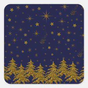 Sparkly Gold Christmas tree, stars, snow on blue Square Sticker