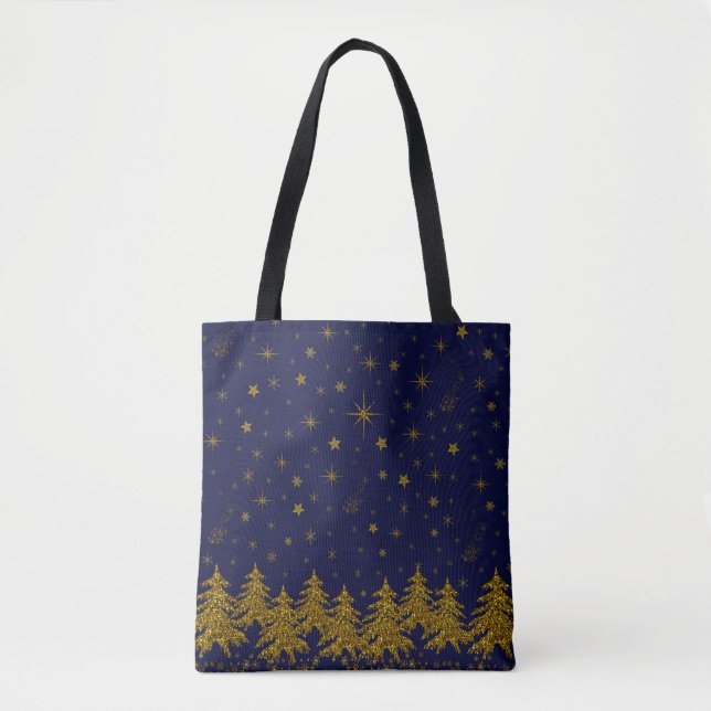 Sparkly Gold Christmas tree, stars, snow on blue Tote Bag (Front)