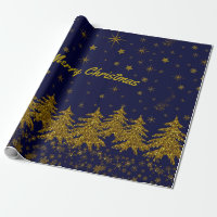 Sparkly Gold Christmas tree, stars, snow on blue W