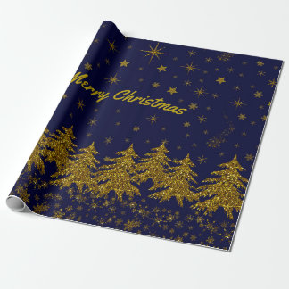 Sparkly Gold Christmas tree, stars, snow on blue W Wrapping Paper