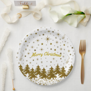 Sparkly Gold Christmas tree, stars, snow on Paper Plate