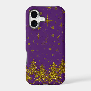 Sparkly Gold Christmas tree, stars, snow on purple
