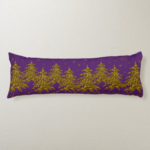 Sparkly Gold Christmas tree, stars, snow on purple Body Cushion