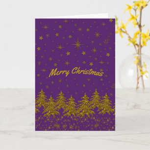 Sparkly Gold Christmas tree, stars, snow on purple Card