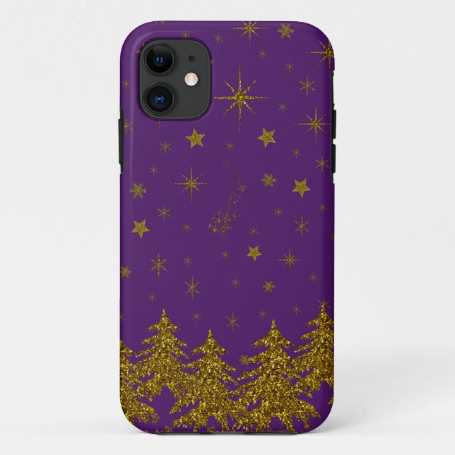 Sparkly Gold Christmas tree, stars, snow on purple Case-Mate iPhone Case (Back)