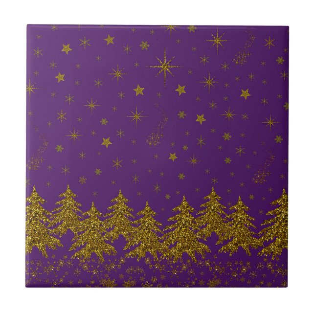 Sparkly Gold Christmas tree, stars, snow on purple Ceramic Tile (Front)