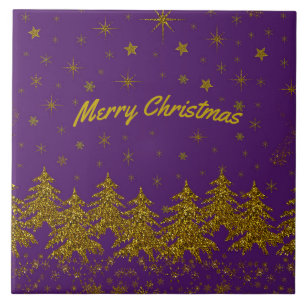 Sparkly Gold Christmas tree, stars, snow on purple Ceramic Tile