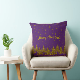 Sparkly Gold Christmas tree, stars, snow on purple Cushion