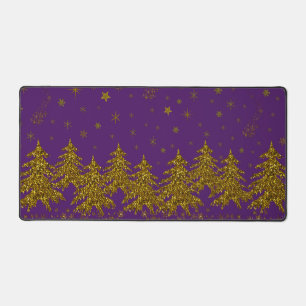 Sparkly Gold Christmas tree, stars, snow on purple Desk Mat