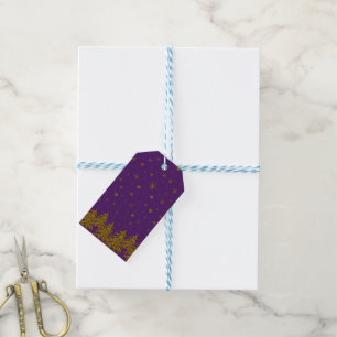 Sparkly Gold Christmas tree, stars, snow on purple Gift Tags
