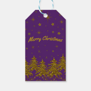 Sparkly Gold Christmas tree, stars, snow on purple Gift Tags