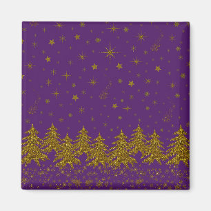 Sparkly Gold Christmas tree, stars, snow on purple Magnet