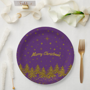 Sparkly Gold Christmas tree, stars, snow on purple Paper Plate