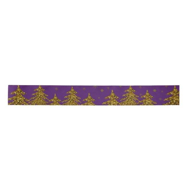 Sparkly Gold Christmas tree, stars, snow on purple Satin Ribbon (Front)
