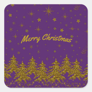 Sparkly Gold Christmas tree, stars, snow on purple Square Sticker