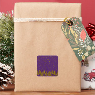 Sparkly Gold Christmas tree, stars, snow on purple Square Sticker