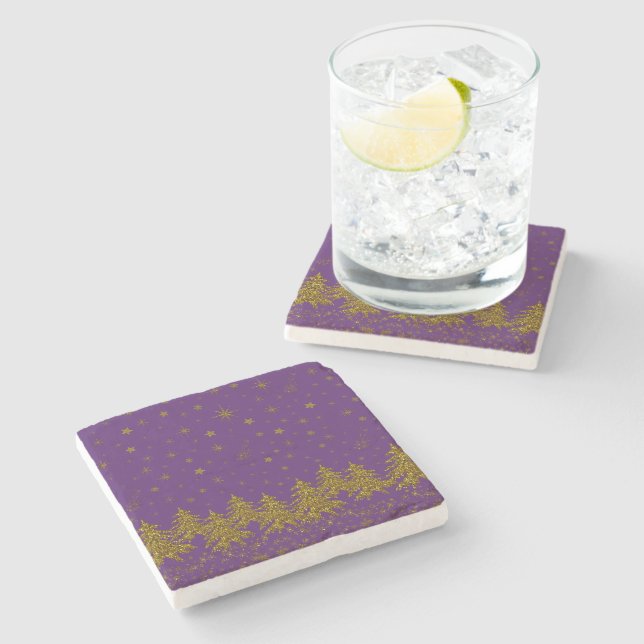 Sparkly Gold Christmas tree, stars, snow on purple Stone Coaster (Side)