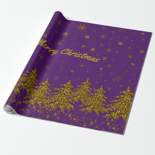 Sparkly Gold Christmas tree, stars, snow on purple Wrapping Paper (Unrolled)