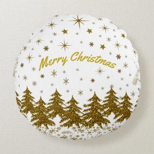 Sparkly Gold Christmas tree, stars, snow Round Cushion