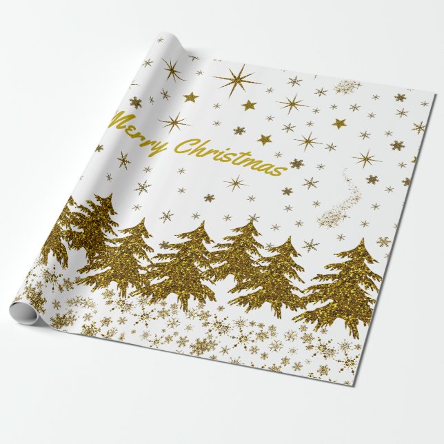Sparkly Gold Christmas tree, stars, snow  Wrapping Paper (Unrolled)