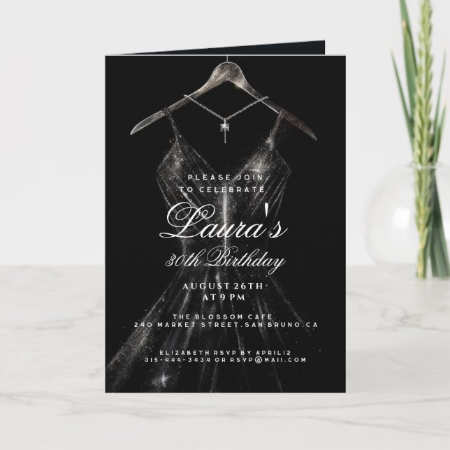 Sparkly gold dress black background birthday party invitation (Front)