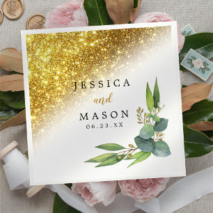 Sparkly Gold Eucalyptus Wedding Cocktail Napkin