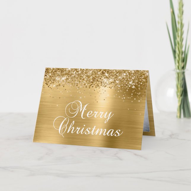 Sparkly Gold Family Photo Merry Christmas Holiday Card (Front)